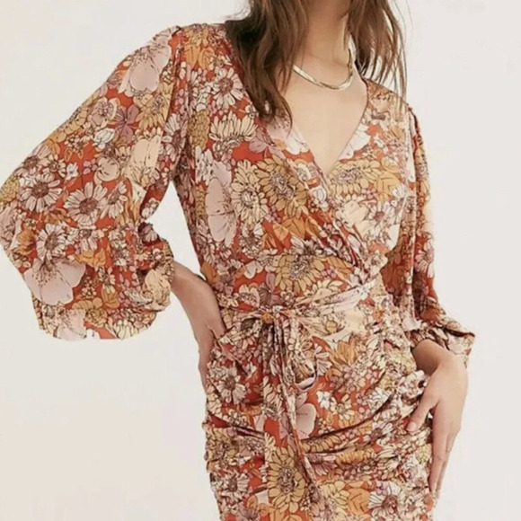 NWT Free People Under Wraps Mini Dress Warm Orange Combo Size 0 - Picture 3 of 11